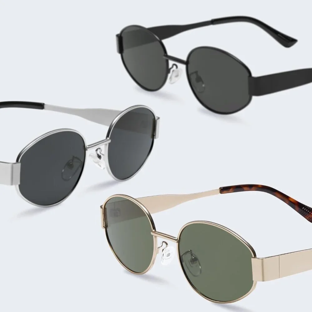 Retro Polarized Black Sunglasses UV400 Protection Oval Metal Frame Soft Case